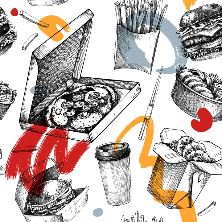 Fast food seamless pattern. Hand-drawn vector illustration. Burger, pizza, poke, sushi, coffee sketches. Takeaway food and restaurant delivery background. Engraved style, top view, collage style
